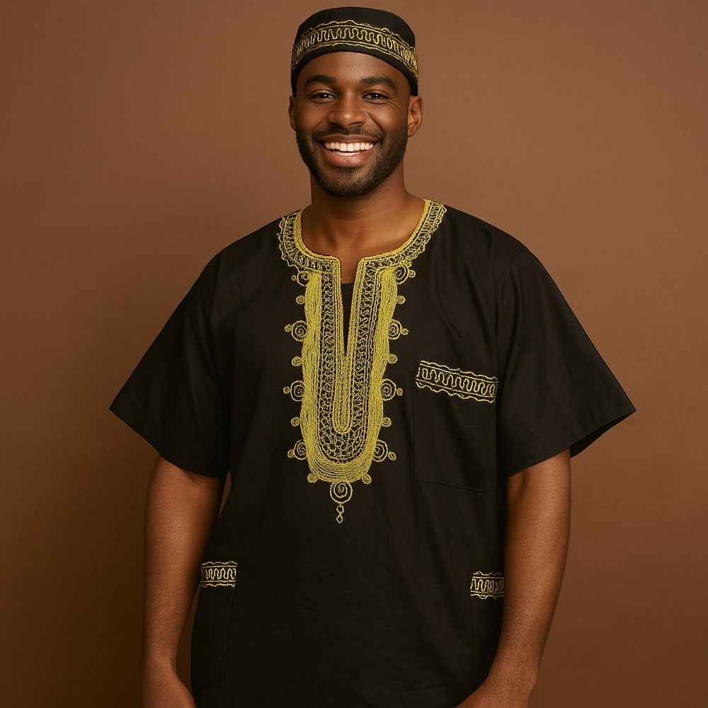 Men's Traditional African Dashiki Top Shirt and Kufi Hat Set Large Black Gold - Picture 5 of 14